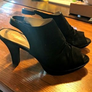 Black slingback peep toe heels